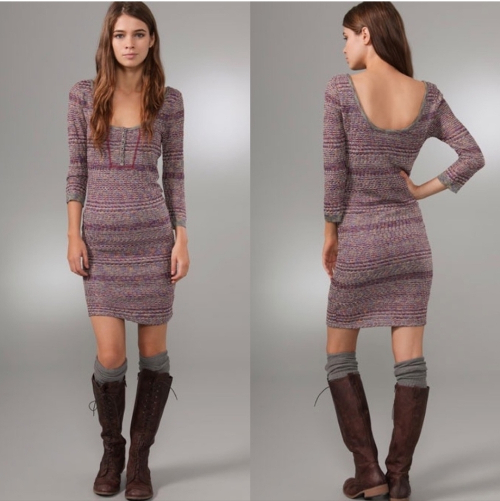 Free People Sunrise Knit Sweater Stretchy Mini Dress Purple Raven Combo Bodycon